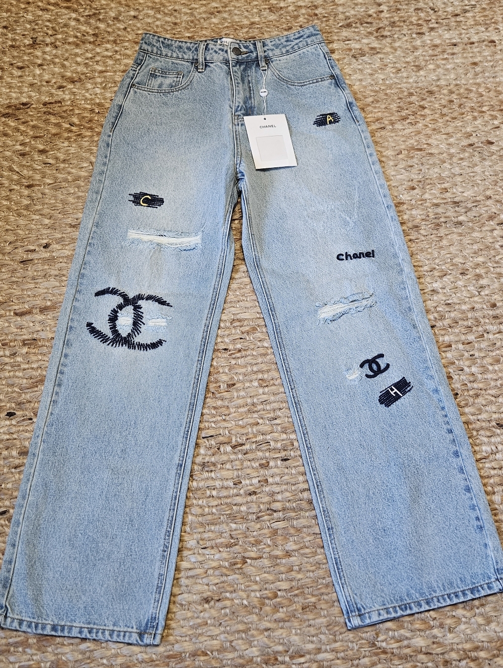 NEW - Light Blue Chanel Inspired CC Skinny Jeans - Sz 38 - Picture 3 of 6